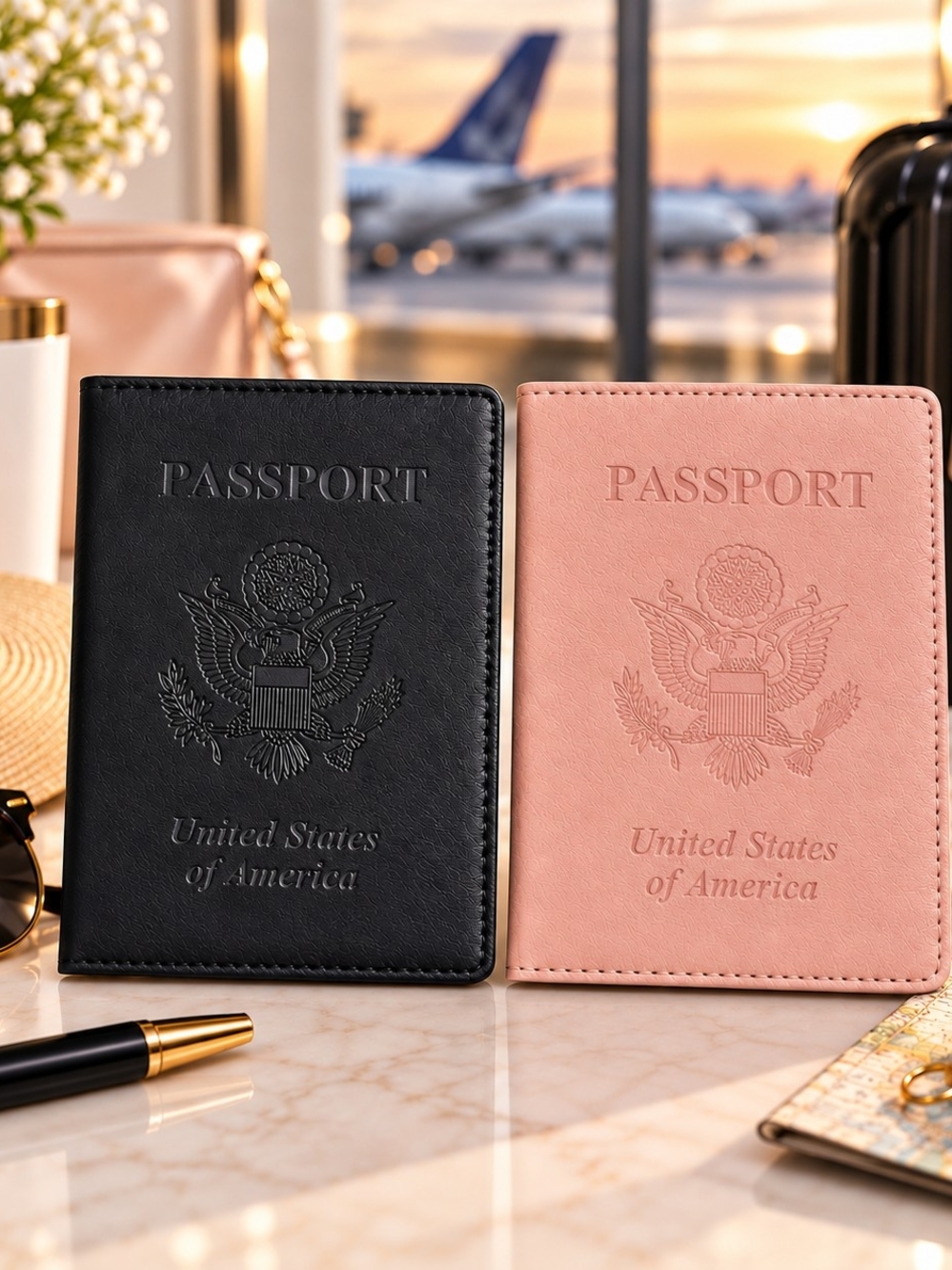 His And Her Leather Passport Cover - Black and Blush Pink